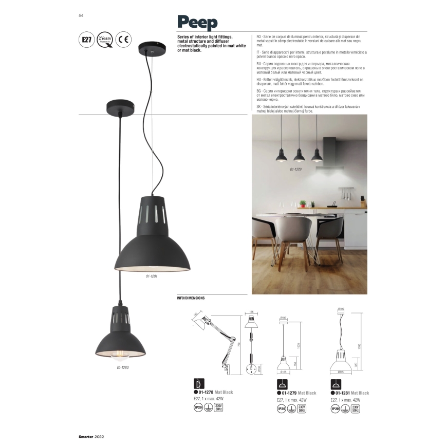 Redo 01-1279 - Lampa wisząca na lince PEEP 1xE27/42W/230V, średnica 16,5 cm, czarna