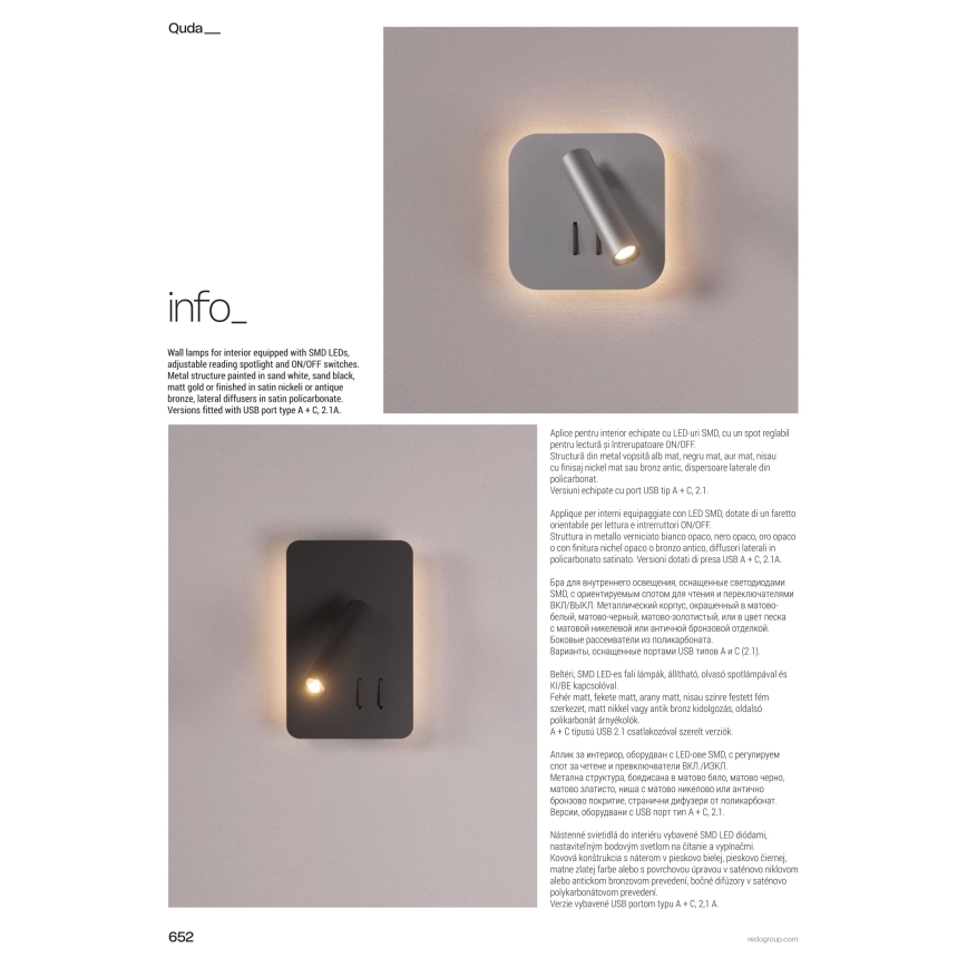 Redo 01-1491 - Kinkiet LED QUDA LED/6W/230V + LED/3W CRI 90 USB biały