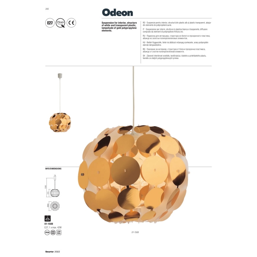 Redo 01-1508 - Żyrandol na lince ODEON 1xE27/42W/230V śr. 36 cm złoty