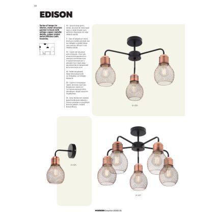 Redo 01-1577 - Żyrandol na pręcie EDISON 5xE27/42W/230V śr. 53 cm czarny/miedziany