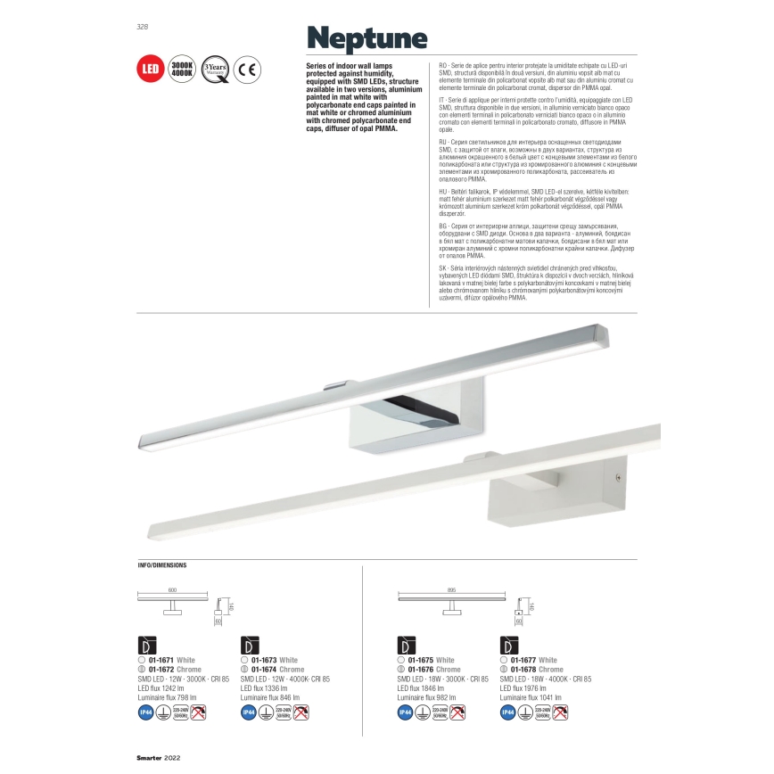 Redo 01-1674 - Oświetlenie lustra łazienkowego NEPTUNE LED/12W/230V 60 cm IP44 chrom błyszczący