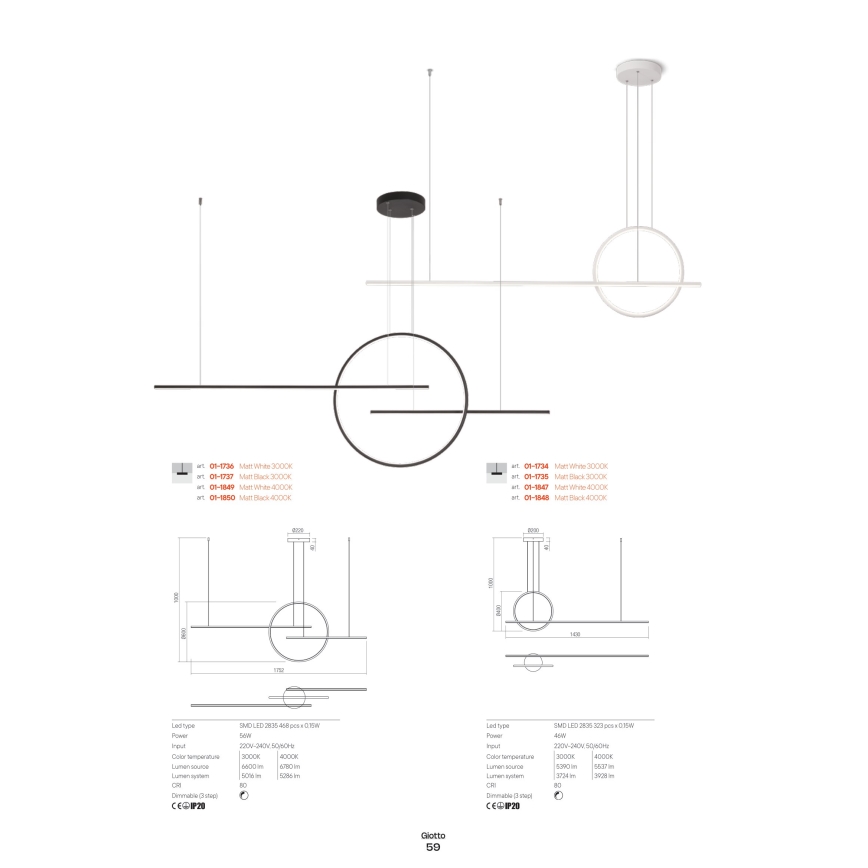 Redo 01-1734 - LED Żyrandol ściemnialny na lince GIOTTO LED/46W/230V biały
