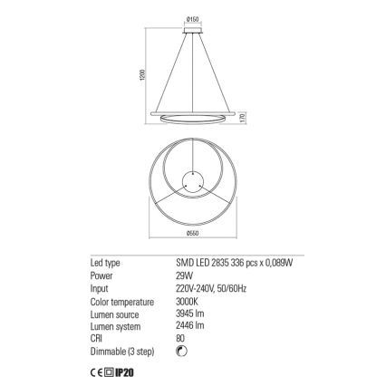 Redo 01-1793 - LED Żyrandol ściemnialny na lince TORSION LED/29W/230V śr. 55 cm biały