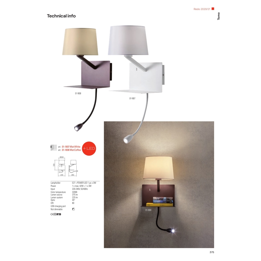 Redo 01-1807 - LED Kinkiet z elastyczną lampką TOMO 1xE27/42W/230V + LED/3W/230V biały