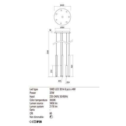 Redo 01-2050 - LED Żyrandol na lince MADISON 8xLED/4W/230V złoty