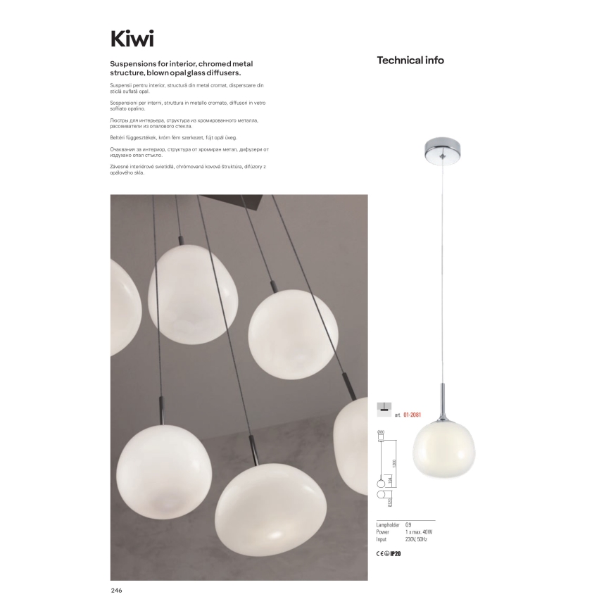 Redo 01-2081 - Lampa wisząca na lince KIWI 1xG9/40W/230V śr. 12 cm błyszczący chrom/biały