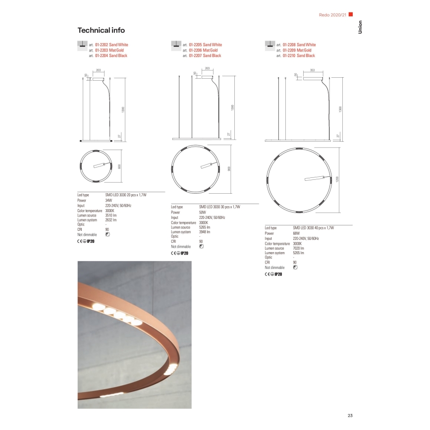 Redo 01-2205 - LED Żyrandol na lince UNION LED/50W/230V CRI 90 3000K śr. 90 cm białe