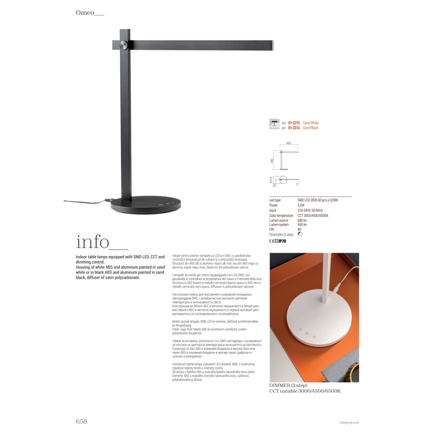 Redo 01-2212 - LED Ściemnialna dotykowa lampa stołowa OMEO LED/5,5W/230V 3000/4500/6500K biały