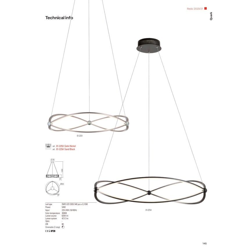 Redo 01-2254 - LED Żyrandol ściemnialny na lince QUARK LED/54W/230V 3000K śr. 80 cm czarny