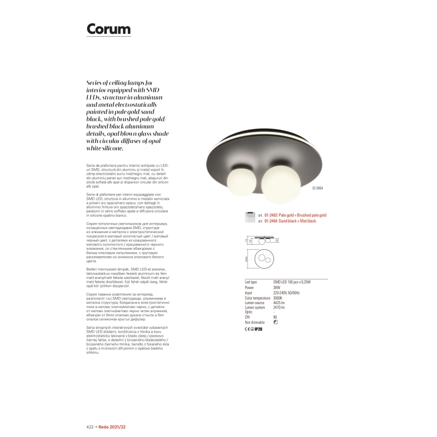 Redo 01-2466 - Lampa sufitowa LED CORUM, 48 W, 230 V, 3000 K, CRI 90, czarna