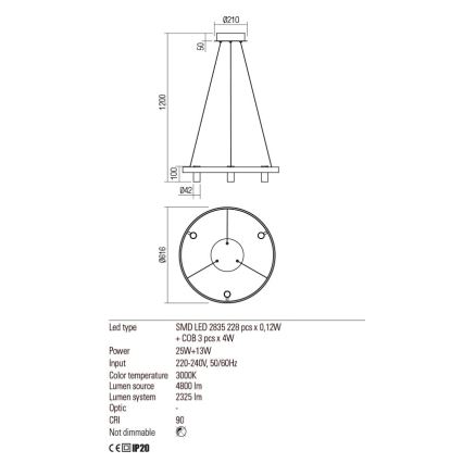 Redo 01-2490 - LED Żyrandol na lince SUMMIT LED/38W/230V CRI 90 śr. 61,6 cm złoty