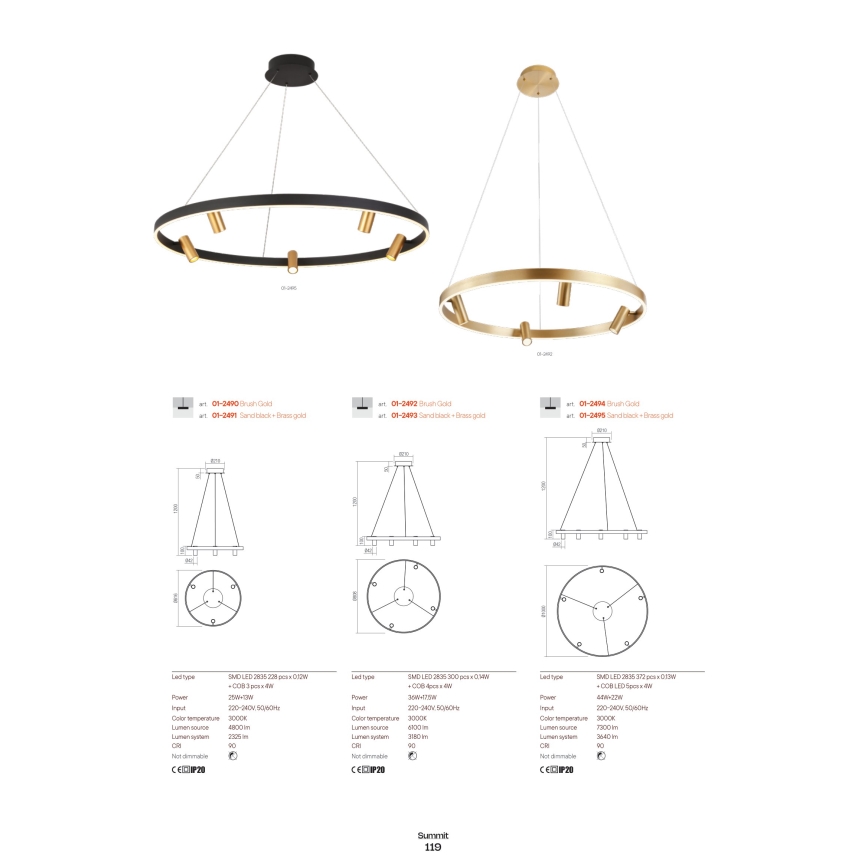 Redo 01-2492 - LED Żyrandol na lince SUMMIT LED/53,5W/230V CRI 90 śr. 80,8 cm złoty