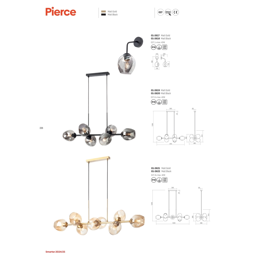 Redo 01-2618 - Kinkiet PIERCE 1xE27/42W/230V czarny/dym