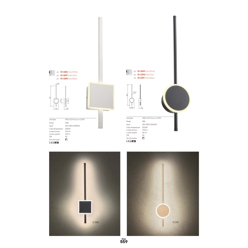 Redo 01-2697 - Kinkiet ścienny LED DIAZ LED/20W/230V CRI 90 złoty