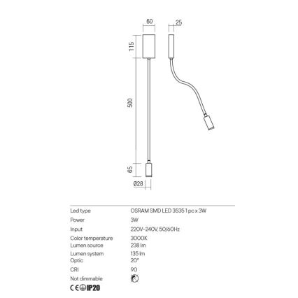 Redo 01-2755 - LED Kinkiet WALLIE LED/3W/230V USB CRI 90 czarny