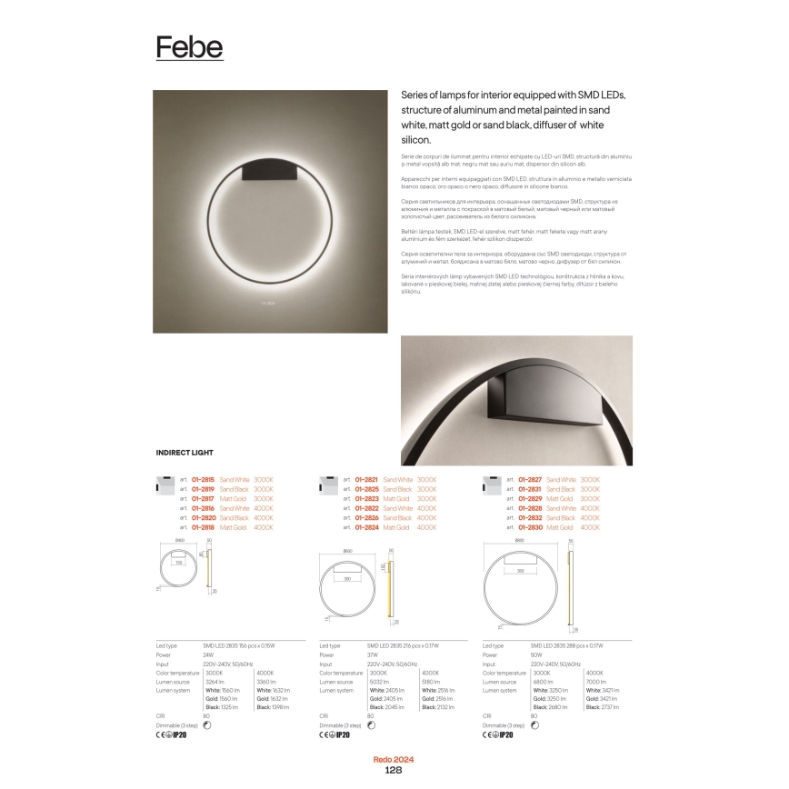 Redo 01-2835 - ściemnialna oprawa ścienna LED FEBE LED/24W/230V złota