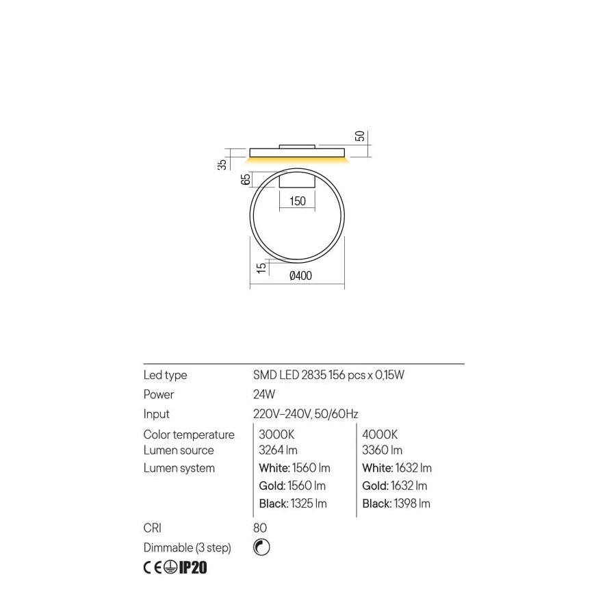 Redo 01-2835 - ściemnialna oprawa ścienna LED FEBE LED/24W/230V złota