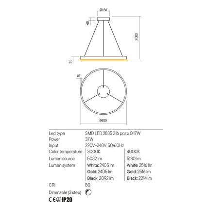 Redo 01-2865 - LED ściemnialna lampa wisząca na linkach FEBE LED/37W/230V złota