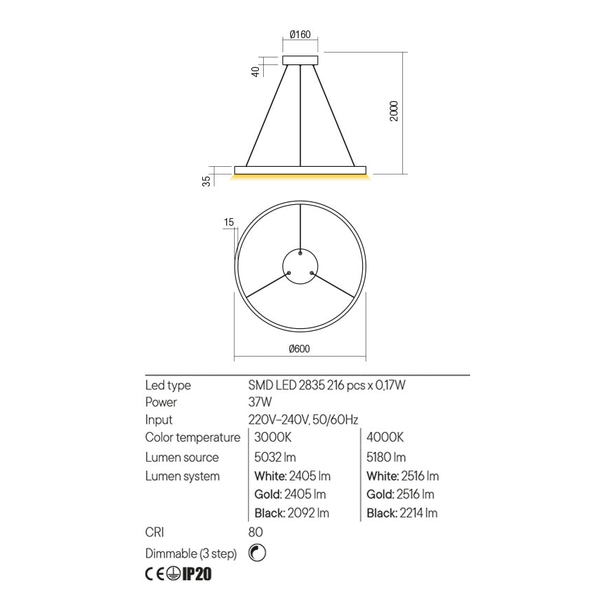 Redo 01-2865 - LED ściemnialna lampa wisząca na linkach FEBE LED/37W/230V złota