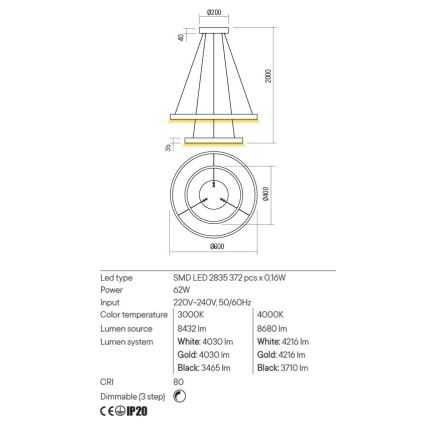 Redo 01-2889 - LED Żyrandol ściemnialny na lince FEBE LED/62W/230V złoty