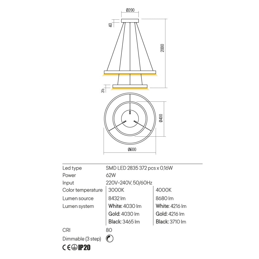 Redo 01-2889 - LED Żyrandol ściemnialny na lince FEBE LED/62W/230V złoty