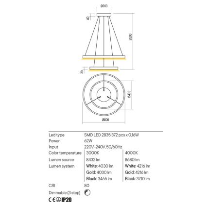 Redo 01-2889 - ściemnialny żyrandol LED na lince FEBE LED/62W/230V, złoty
