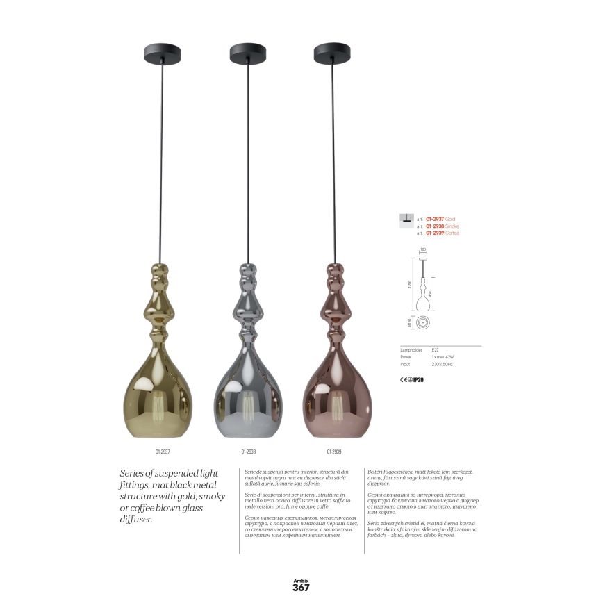 Redo 01-2937 - Lampa wisząca na lince AMBIX 1xE27/42W/230V średnica 18 cm złota