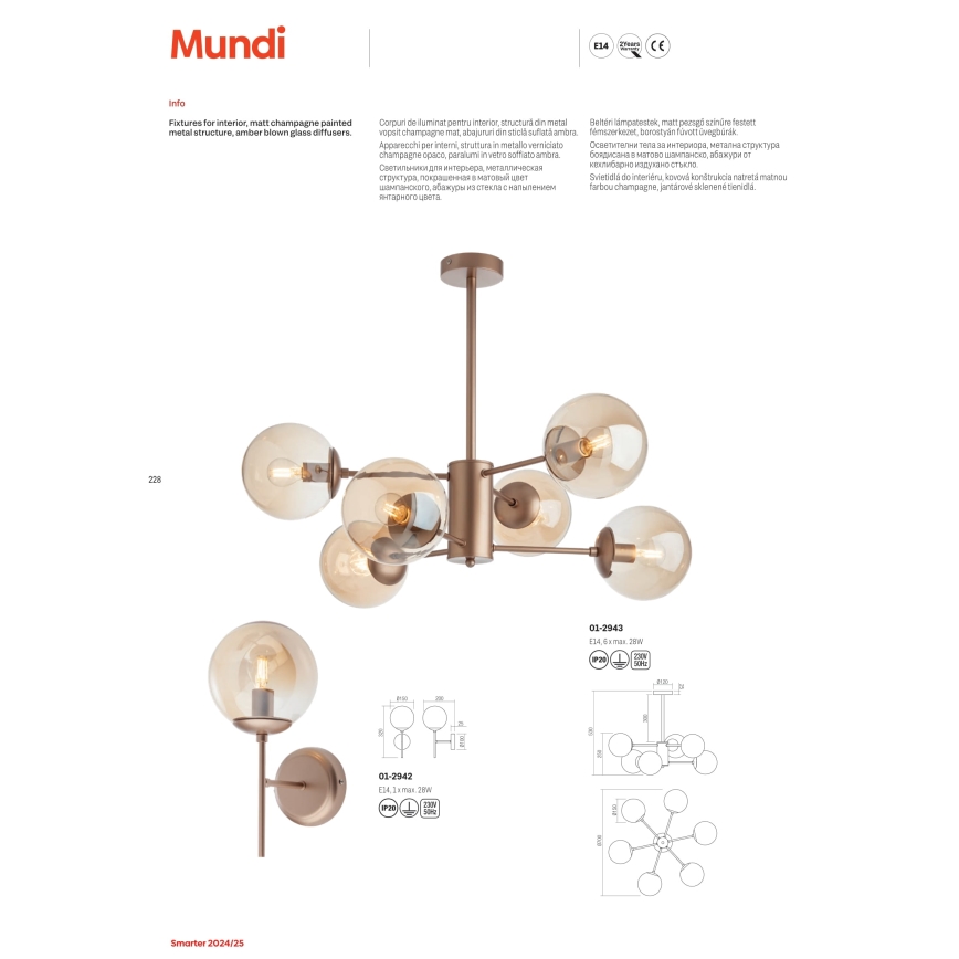 Redo 01-2943 - Żyrandol na drążku MUNDI 6xE14/28W/230V miedź
