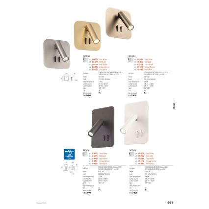 Redo 01-2978 - Kinkiet LED QUDA LED/6W/230V + LED/3W 3000K CRI 90 USB matowy chrom