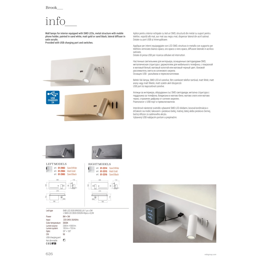 Redo 01-2985 - LED Kinkiet punktowy BROOK LED/8W/230V + LED/3W USB CRI 90 czarny lewa
