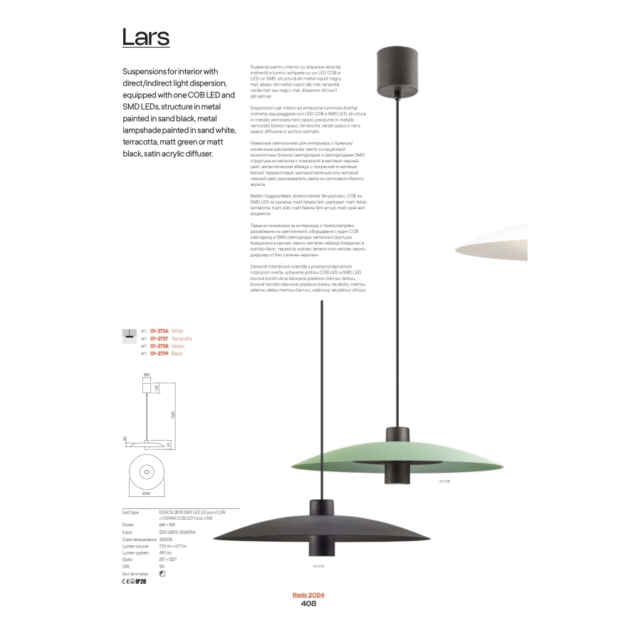 Redo 01-3021 - Lampa wisząca na lince LARS LED/14W/230V + LED/10W Ø 60 cm CRI 90 czarna