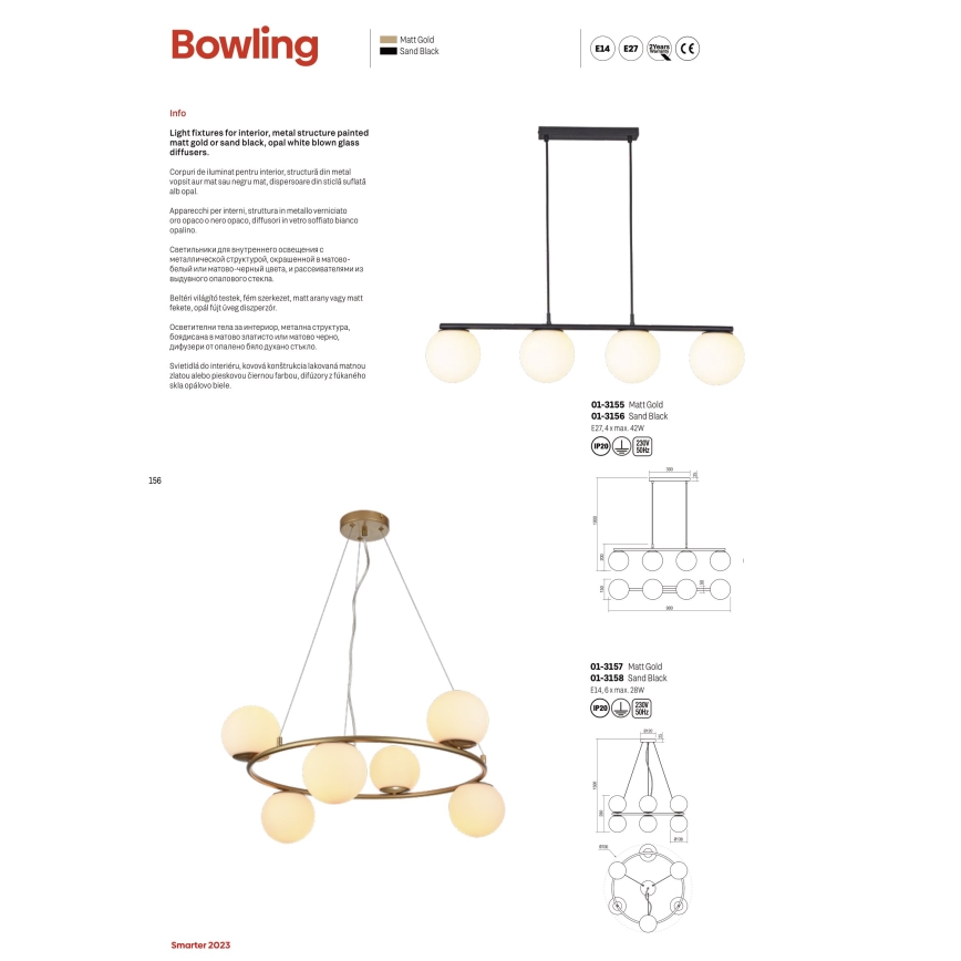 Redo 01-3156 - Żyrandol na lince BOWLING 4xE27/42W/230V czarne