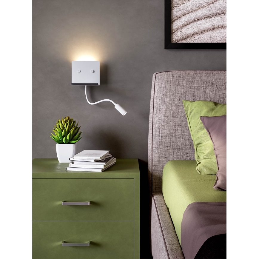 Redo 01-3210 - LED Kinkiet z elastyczną lampką MOKA LED/6W + LED/3W/230V USB CRI90 biały