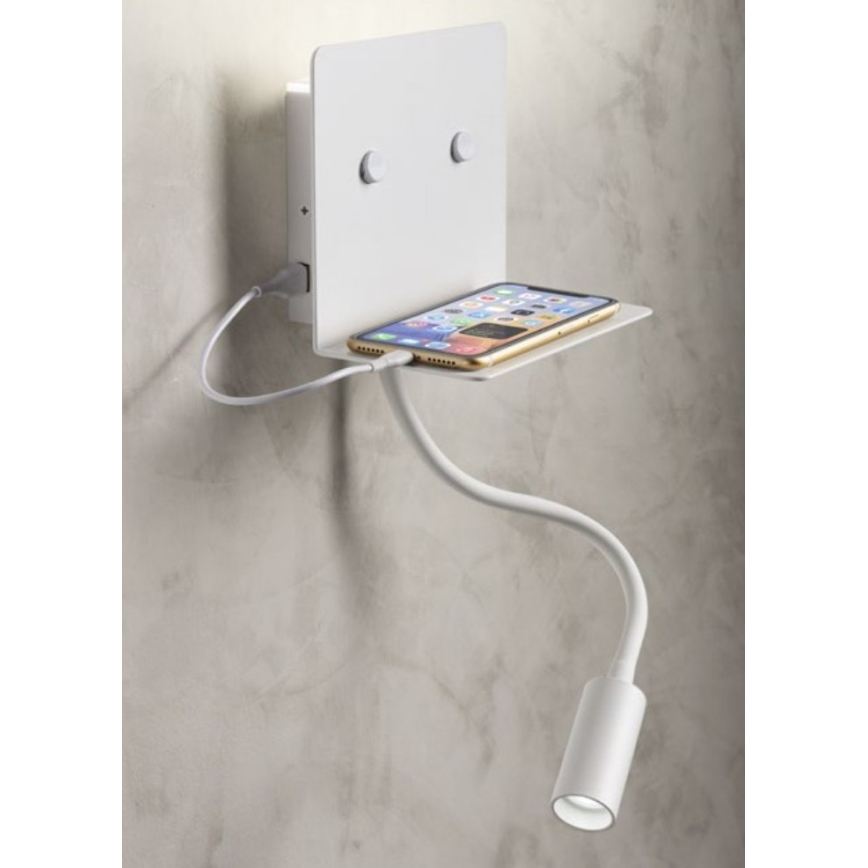 Redo 01-3210 - LED Kinkiet z elastyczną lampką MOKA LED/6W + LED/3W/230V USB CRI90 biały