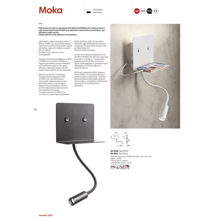 Redo 01-3211 - LED Kinkiet z elastyczną lampką W + LED/3W/230V USB CRI90 czarny