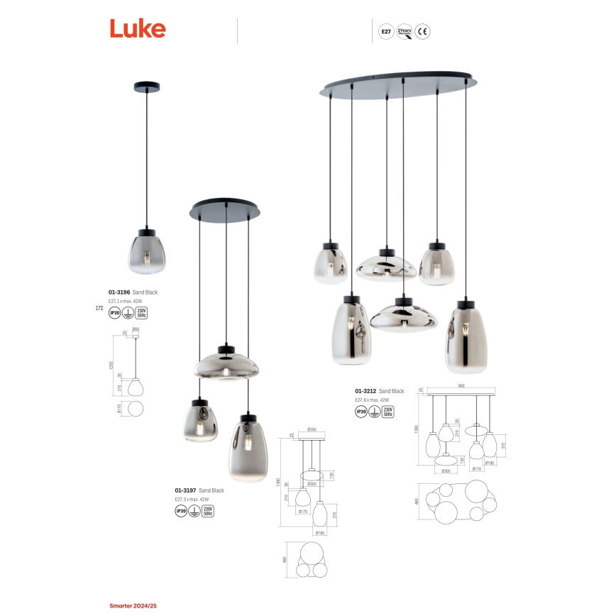 Redo 01-3212 - Żyrandol na lince LUKE 6xE27/42W/230V czarne