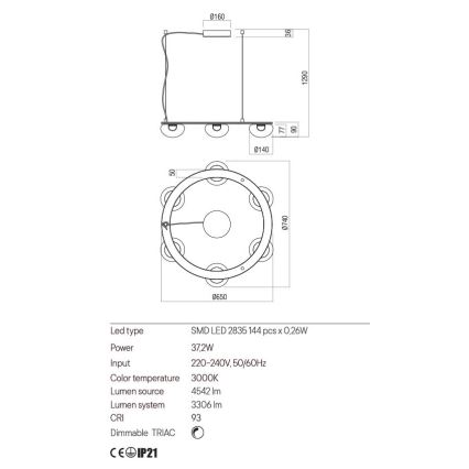 Redo 01-3247- LED Żyrandol ściemnialny na lince SINCLAIR LED/37,2W/230V CRI 93 IP21 złoty