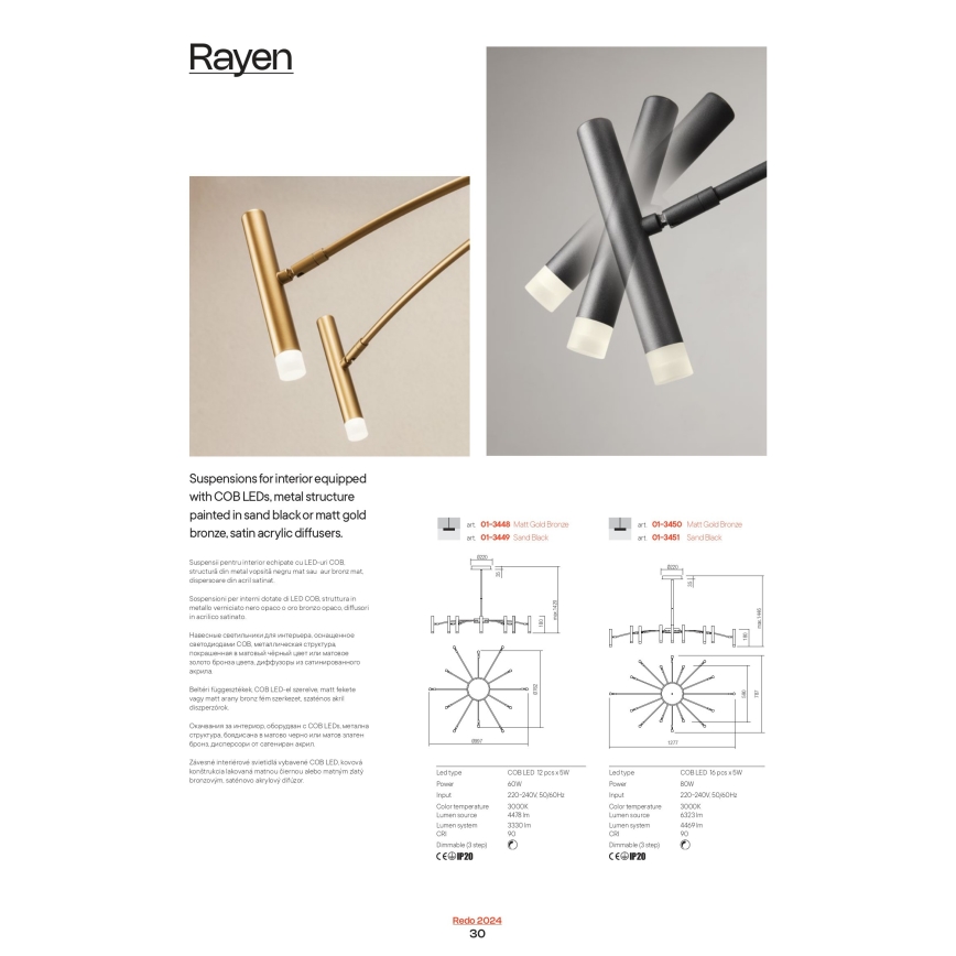Redo 01-3450 - ściemnialny żyrandol na pręcie RAYEN LED/80W/230V CRI 90 złoty