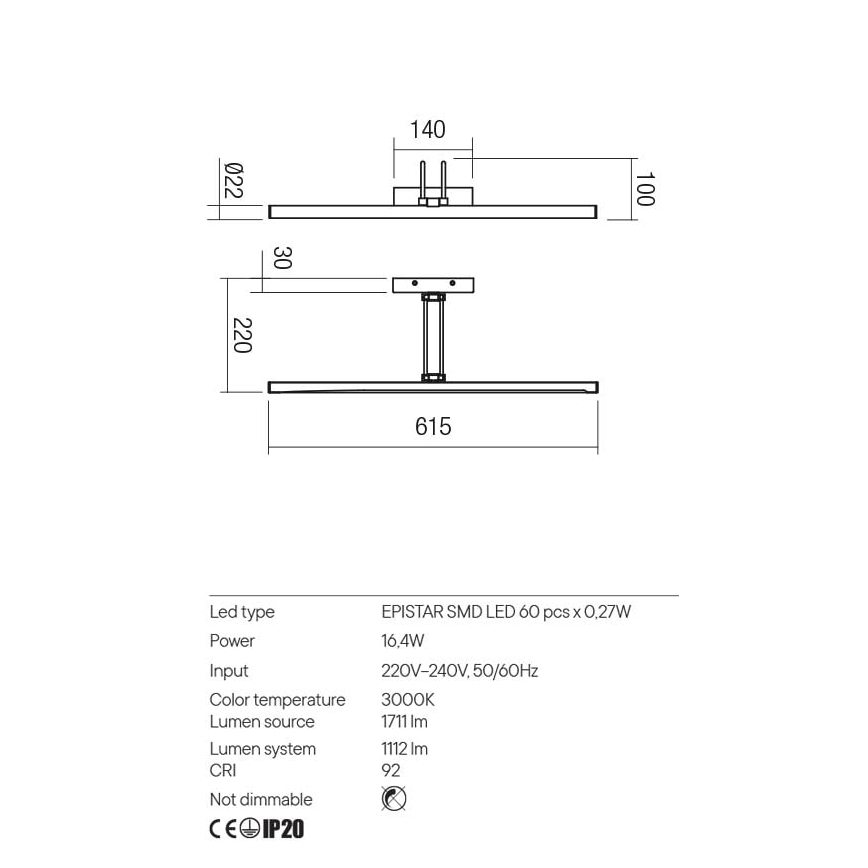 Redo 01-3473 - LED Kinkiet galeryjka IKON LED/16,4W/230V 61,5 cm CRI 92 mosiądz
