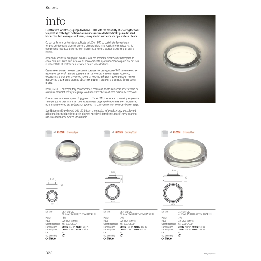 Redo 01-3590 - LED Plafon SOLERA LED/36W/230V śr. 45 cm CRI 93 3000/4000K szary