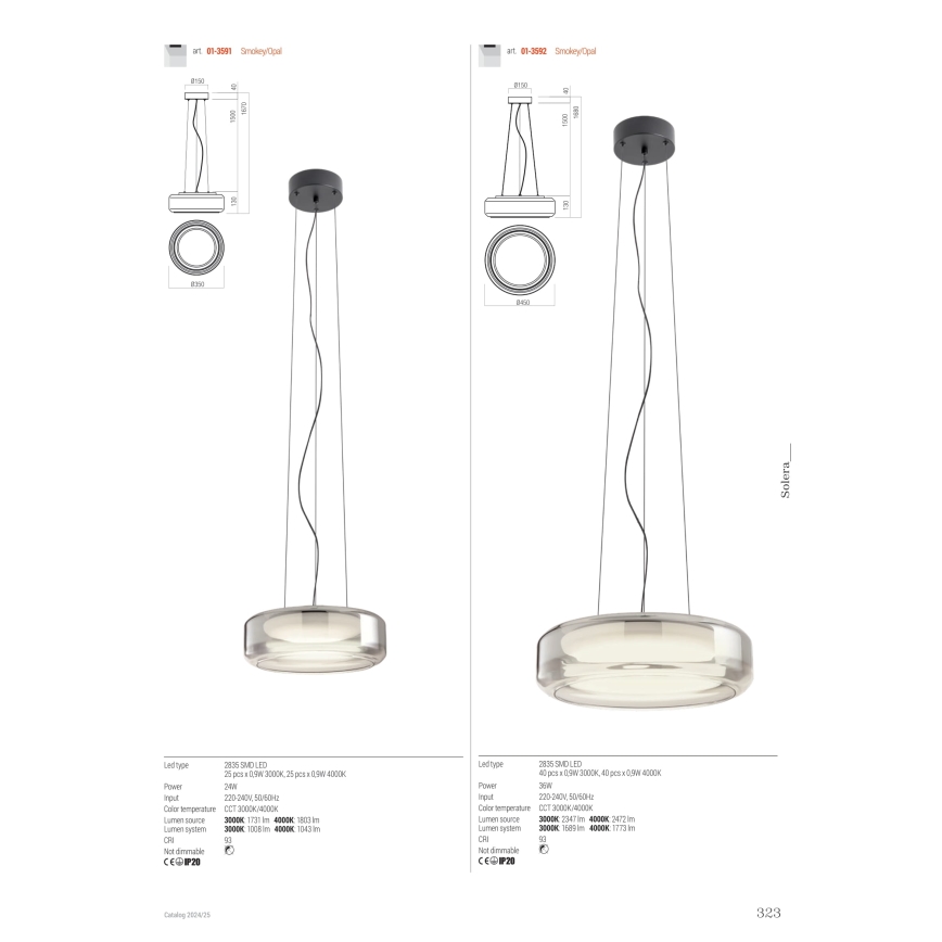 Redo 01-3592 - LED Żyrandol na lince SOLERA LED/36W/230V śr. 45 cm CRI 93 3000/4000K szary