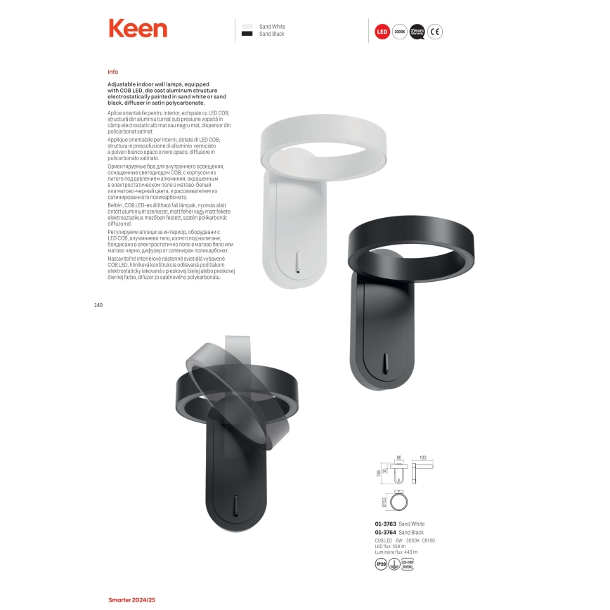 Redo 01-3763 - LED Kinkiet KEEN LED/6W/230V CRI 90 3000K biały