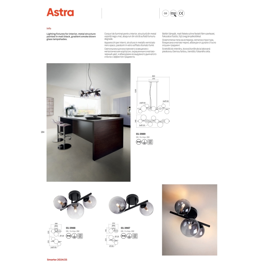 Redo 01-3987 - Żyrandol natynkowy ASTRA 2xG9/8W/230V czarny
