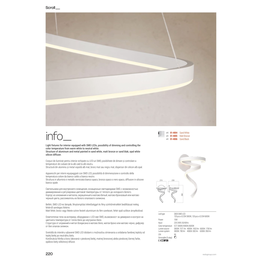 Redo 01-4014 - LED ściemnialny żyrandol na lince SCROLL LED/38W/230V 3000K/4000K/6000K CRI 90 śr. 60 cm złoty