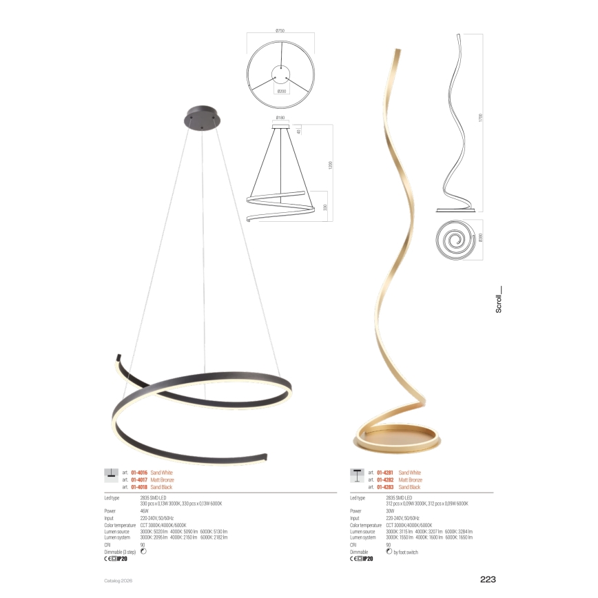 Redo 01-4282 - LED ściemnialna lampa stojąca SCROLL LED/30W/230V 3000K/4000K/6000K CRI 90 złota