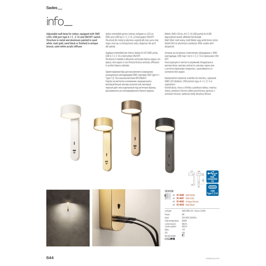 Redo 01-4643 - Kinkiet LED SADES, 6W/230V, CRI 90, USB, czarny
