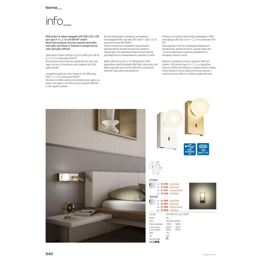Redo 01-4660 - Kinkiet LED NORMA LED/5W/230V + LED/3W CRI 90 USB biały