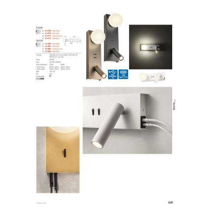 Redo 01-4663 - Kinkiet LED NORMA LED/5W/230V + LED/3W CRI 90 USB biały/czarny