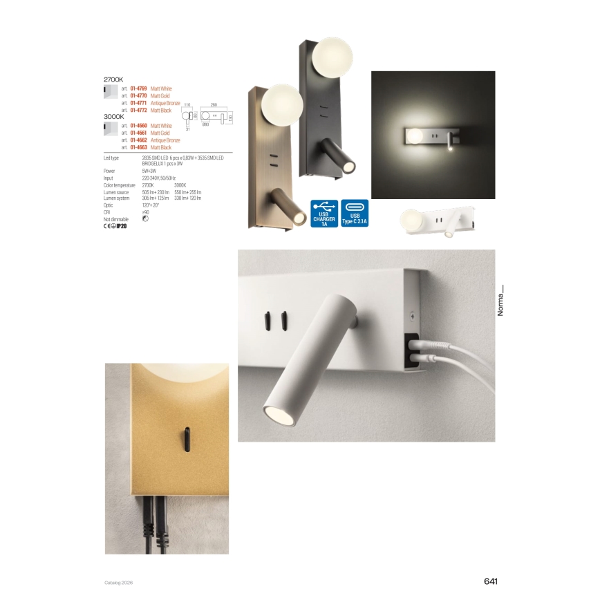 Redo 01-4663 - Kinkiet LED NORMA LED/5W/230V + LED/3W CRI 90 USB biały/czarny