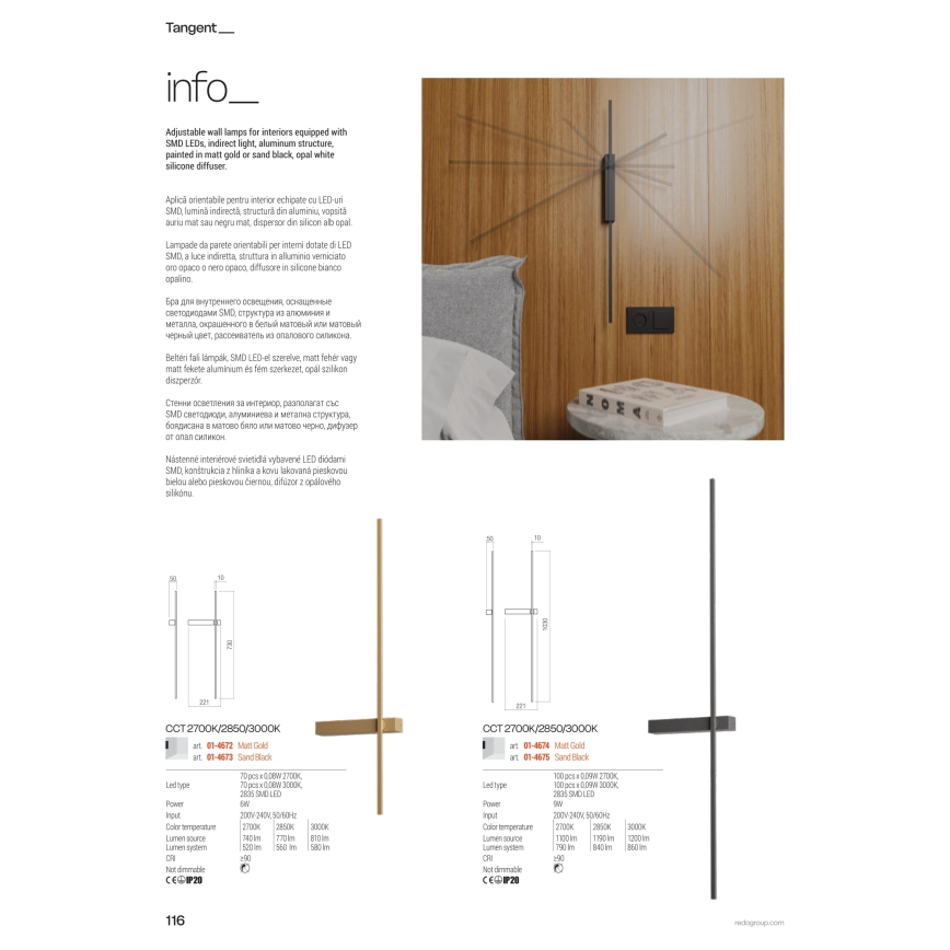 Redo 01-4674 - Oprawa ścienna LED TANGENT LED/9W/230V 2700/2850/3000K 73 cm CRI 90 złota
